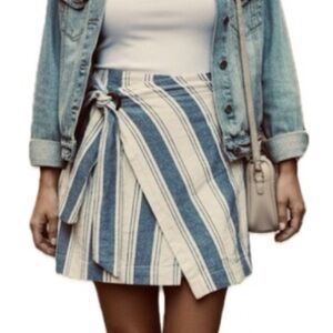 Free People Tuscan Sunrise blue tan stripe Linen cotton side tie mini skirt sz 4